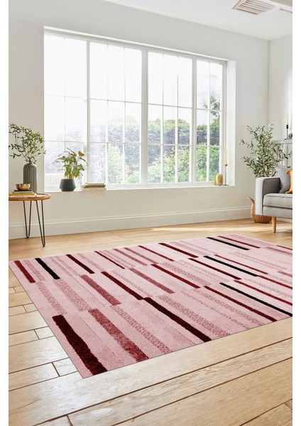 Şık Sade Kilim Desenli Dijital Kaymaz Yıkanabilir Yolluk Mutfak Salon Halısı Modern-74-Pembe