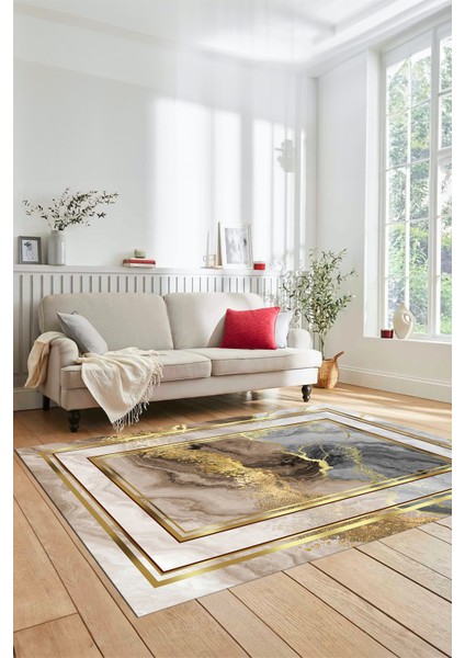 Baskılı Kaymaz Yıkanabilir Modern Mermer Desen Yolluk Salon Halısı Modern-46-Gold