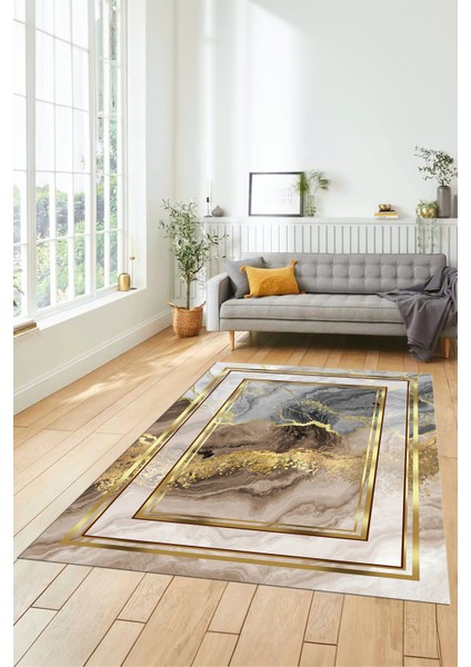 Baskılı Kaymaz Yıkanabilir Modern Mermer Desen Yolluk Salon Halısı Modern-46-Gold