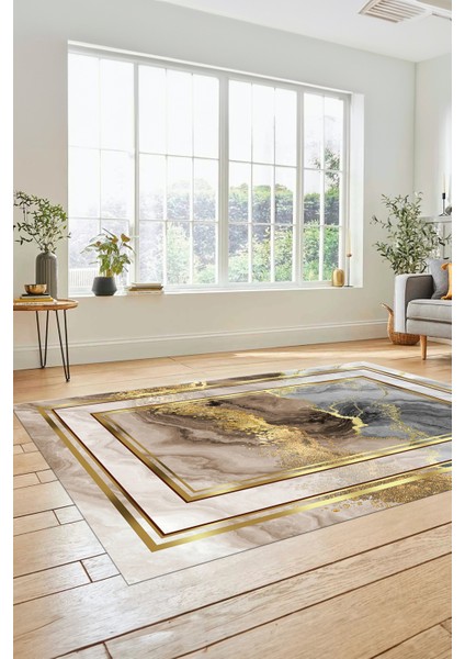Baskılı Kaymaz Yıkanabilir Modern Mermer Desen Yolluk Salon Halısı Modern-46-Gold