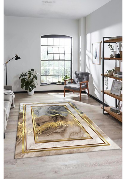 Baskılı Kaymaz Yıkanabilir Modern Mermer Desen Yolluk Salon Halısı Modern-46-Gold