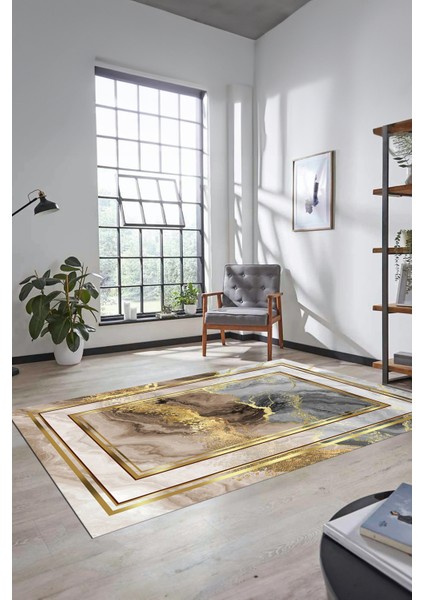 Baskılı Kaymaz Yıkanabilir Modern Mermer Desen Yolluk Salon Halısı Modern-46-Gold