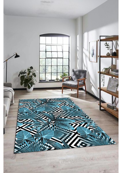 Yaprak Desen Baskılı Kaymaz Taban Yıkanabilir Modern Yolluk Salon Halısı MODERN-100-MAVİ