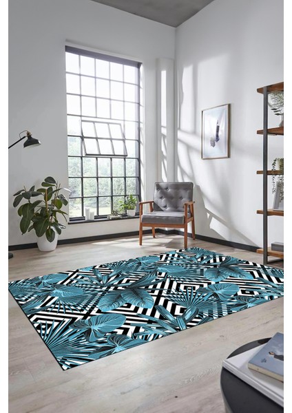 Yaprak Desen Baskılı Kaymaz Taban Yıkanabilir Modern Yolluk Salon Halısı MODERN-100-MAVİ fiyatları