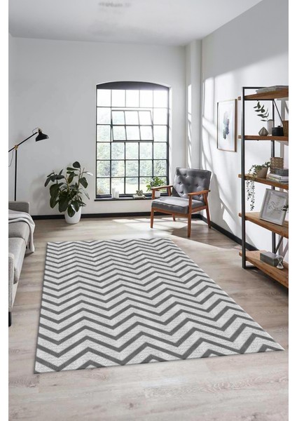 Zikzak Desen Baskılı Kaymaz Taban Yıkanabilir Modern Yolluk Salon Halısı MODERN-102-GRİ