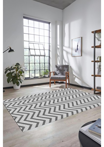 Zikzak Desen Baskılı Kaymaz Taban Yıkanabilir Modern Yolluk Salon Halısı MODERN-102-GRİ