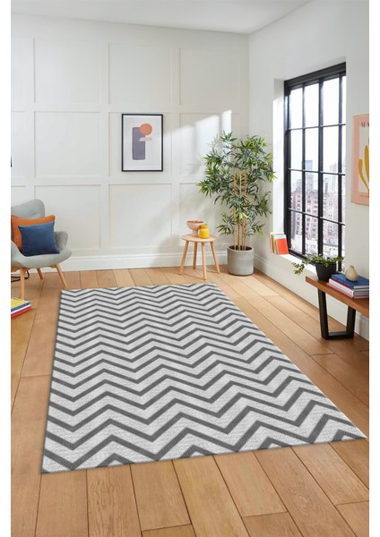 Zikzak Desen Baskılı Kaymaz Taban Yıkanabilir Modern Yolluk Salon Halısı MODERN-102-GRİ