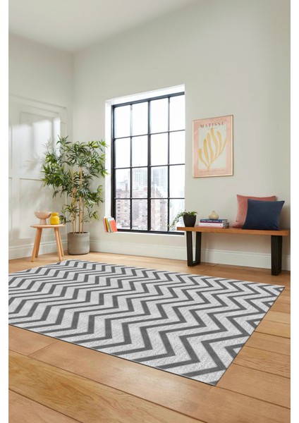 Zikzak Desen Baskılı Kaymaz Taban Yıkanabilir Modern Yolluk Salon Halısı MODERN-102-GRİ