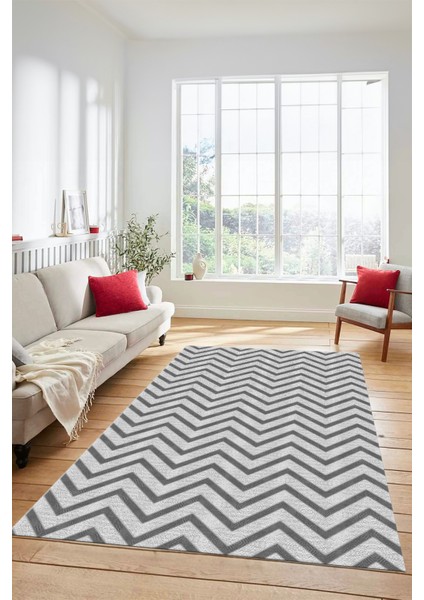 Zikzak Desen Baskılı Kaymaz Taban Yıkanabilir Modern Yolluk Salon Halısı MODERN-102-GRİ