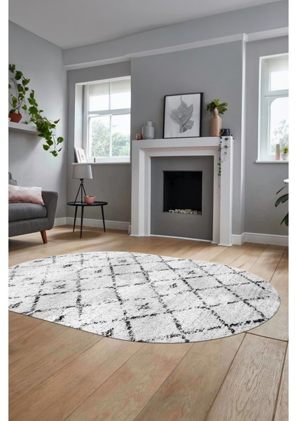Baskılı Kaymaz Yıkanabilir Kilim Desen Oval Yolluk Mutfak Halısı Salon Halısı O-Modern-57-Gri
