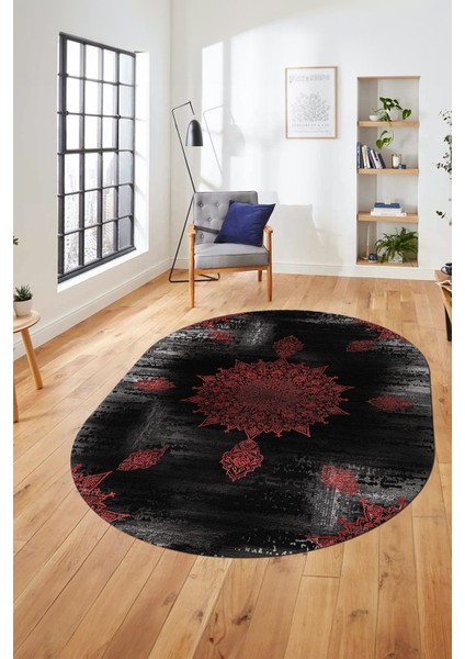Baskılı Kaymaz Taban Yıkanabilir Göbekli Modern Yolluk Mutfak Oval Salon Halısı O-Modern-06-Krmızı