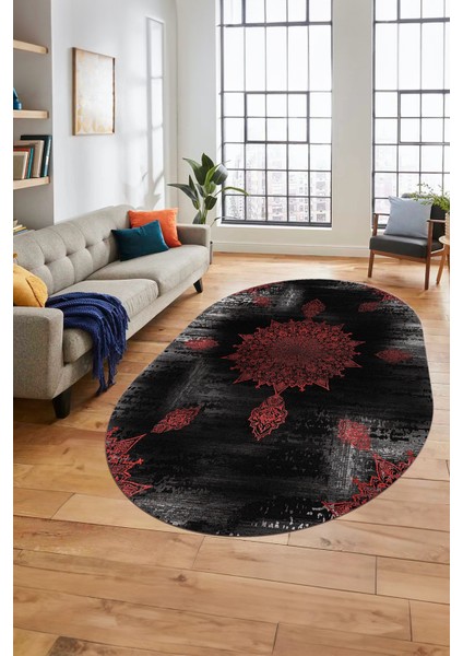 Baskılı Kaymaz Taban Yıkanabilir Göbekli Modern Yolluk Mutfak Oval Salon Halısı O-Modern-06-Krmızı indirimleri