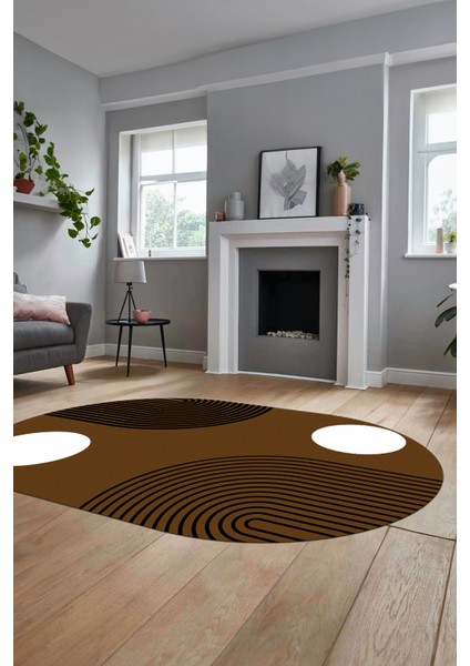 Baskılı Kaymaz Yıkanabilir Oval Koridor Halısı Mutfak Halısı Salon Halısı O-Modern-52-Kahve