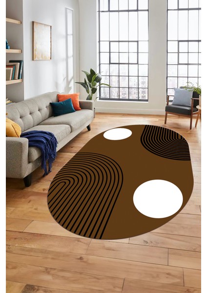 Baskılı Kaymaz Yıkanabilir Oval Koridor Halısı Mutfak Halısı Salon Halısı O-Modern-52-Kahve