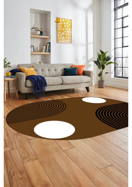 Baskılı Kaymaz Yıkanabilir Oval Koridor Halısı Mutfak Halısı Salon Halısı O-Modern-52-Kahve