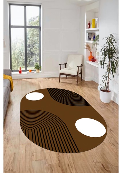 Baskılı Kaymaz Yıkanabilir Oval Koridor Halısı Mutfak Halısı Salon Halısı O-Modern-52-Kahve
