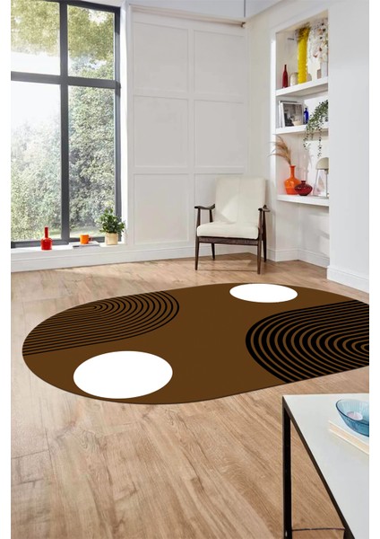 Baskılı Kaymaz Yıkanabilir Oval Koridor Halısı Mutfak Halısı Salon Halısı O-Modern-52-Kahve