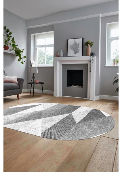 Baskılı Kaymaz Yıkanabilir Modern Oval Koridor Halısı Mutfak Halısı Salon Halısı O-Modern-54-Beyaz