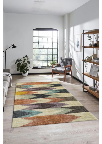 Renkli Desen Baskılı Kaymaz Taban Yıkanabilir Modern Yolluk Salon Halısı MODERN-104-RENKLİ
