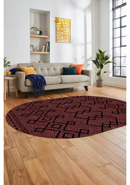 Sade Desen Özel Tasarım Dijital Kaymaz Yıkanabilir Oval Yolluk Salon Halısı O-Modern-87-Bordo