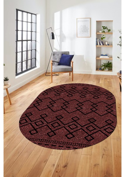 Sade Desen Özel Tasarım Dijital Kaymaz Yıkanabilir Oval Yolluk Salon Halısı O-Modern-87-Bordo fırsatları