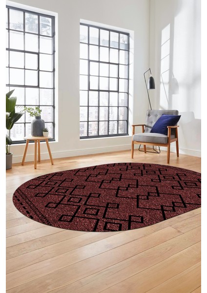 Sade Desen Özel Tasarım Dijital Kaymaz Yıkanabilir Oval Yolluk Salon Halısı O-Modern-87-Bordo indirimleri