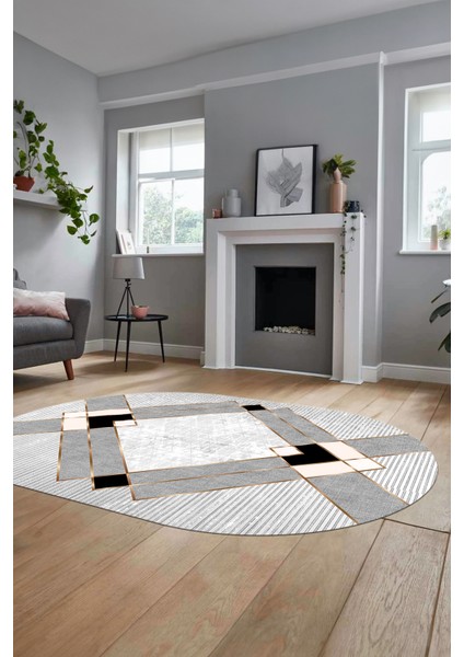 Şık Modern Desenli Dijital Kaymaz Yıkanabilir Oval Yolluk Mutfak Salon Halısı O-Modern-12-Krem fırsatları
