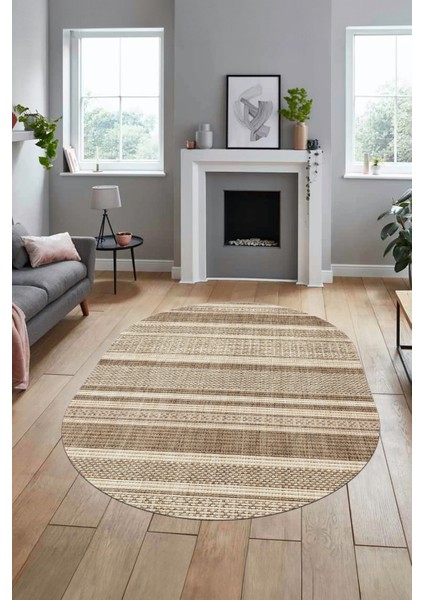 Modern Kilim Desenli Dijital Kaymaz Yıkanabilir Oval Yolluk Mutfak Salon Halısı O-Modern-36-Krem