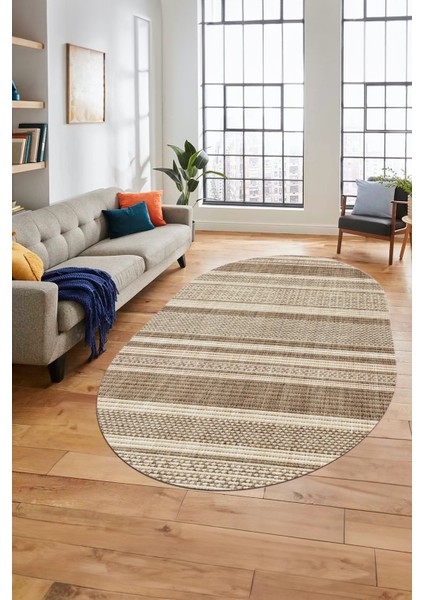 Modern Kilim Desenli Dijital Kaymaz Yıkanabilir Oval Yolluk Mutfak Salon Halısı O-Modern-36-Krem modelleri