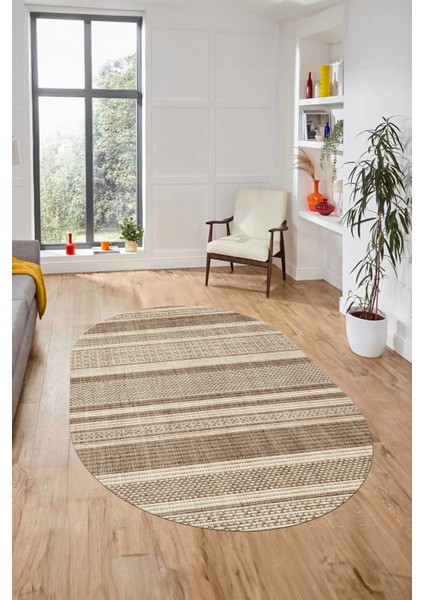 Modern Kilim Desenli Dijital Kaymaz Yıkanabilir Oval Yolluk Mutfak Salon Halısı O-Modern-36-Krem indirimleri