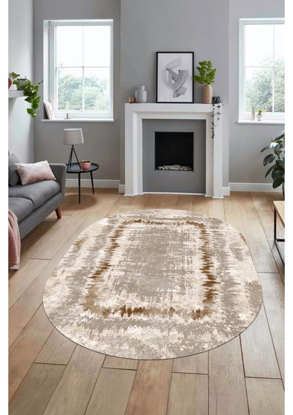 Modern Sade Desenli Dijital Kaymaz Yıkanabilir Oval Yolluk Salon Halısı O-Modern-37-Kahve