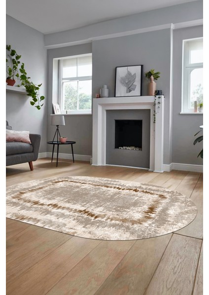 Modern Sade Desenli Dijital Kaymaz Yıkanabilir Oval Yolluk Salon Halısı O-Modern-37-Kahve fiyatları