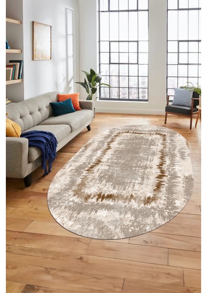 Modern Sade Desenli Dijital Kaymaz Yıkanabilir Oval Yolluk Salon Halısı O-Modern-37-Kahve modelleri