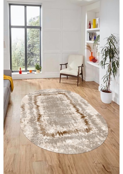 Modern Sade Desenli Dijital Kaymaz Yıkanabilir Oval Yolluk Salon Halısı O-Modern-37-Kahve indirimleri