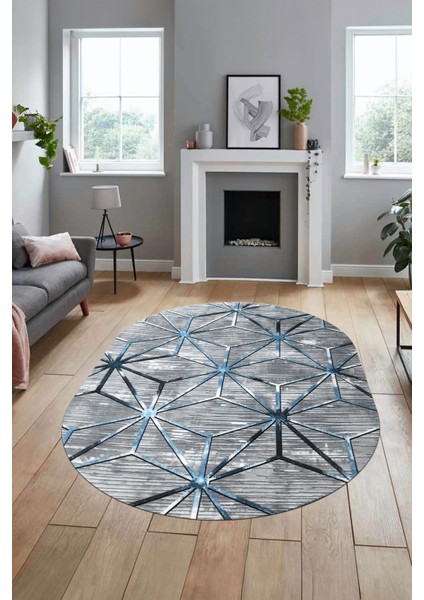 3D Baskılı Kaymaz Yıkanabilir Modern Oval Yolluk Koridor Mutfak Salon Halısı O-Modern-39-Mavi