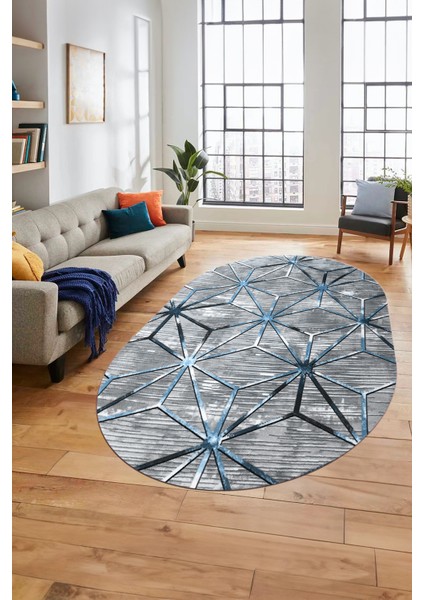 3D Baskılı Kaymaz Yıkanabilir Modern Oval Yolluk Koridor Mutfak Salon Halısı O-Modern-39-Mavi modelleri