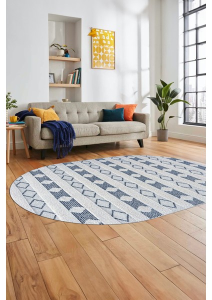 Baskılı Kaymaz Yıkanabilir Kilim Desen Oval Yolluk Mutfak Halısı Salon Halısı O-Modern-64-Mavi