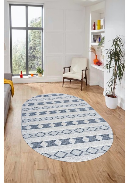 Baskılı Kaymaz Yıkanabilir Kilim Desen Oval Yolluk Mutfak Halısı Salon Halısı O-Modern-64-Mavi