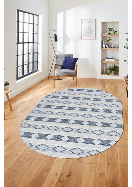 Baskılı Kaymaz Yıkanabilir Kilim Desen Oval Yolluk Mutfak Halısı Salon Halısı O-Modern-64-Mavi