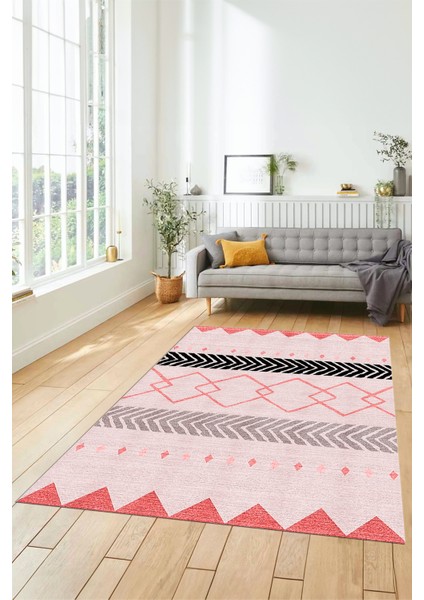 Sade Modern Kilim Desenli Dijital Kaymaz Yıkanabilir Yolluk Mutfak Salon Halısı Modern-75-Pembe