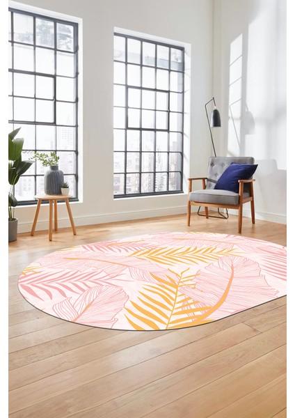 Yapraklı Baskılı Kaymaz Taban Yıkanabilir Modern Oval Yolluk Salon Halısı O-Modern-98-Pembe fırsatları