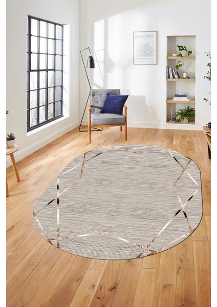 Baskılı Kaymaz Taban Yıkanabilir Modern Yolluk Mutfak Oval Salon Halısı O-Modern-05-Bej