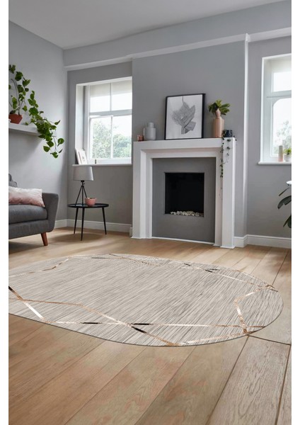 Baskılı Kaymaz Taban Yıkanabilir Modern Yolluk Mutfak Oval Salon Halısı O-Modern-05-Bej fırsatları
