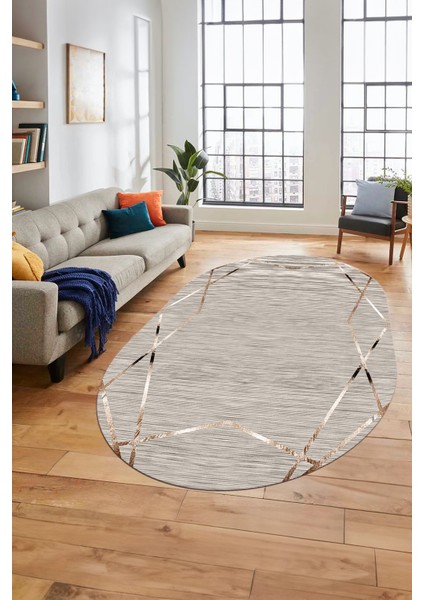 Baskılı Kaymaz Taban Yıkanabilir Modern Yolluk Mutfak Oval Salon Halısı O-Modern-05-Bej indirimleri