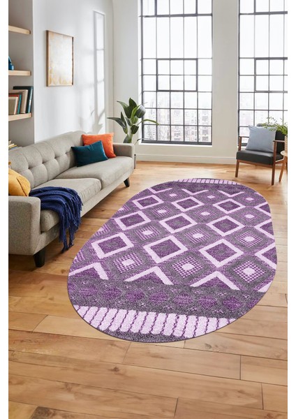 3D Dijital Kaymaz Yıkanabilir Şık Kilim Desen Oval Yolluk Halısı Salon Halısı O-Modern-69-Mor