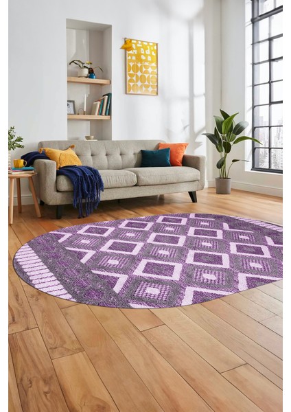 3D Dijital Kaymaz Yıkanabilir Şık Kilim Desen Oval Yolluk Halısı Salon Halısı O-Modern-69-Mor fiyatları