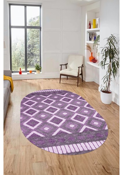 3D Dijital Kaymaz Yıkanabilir Şık Kilim Desen Oval Yolluk Halısı Salon Halısı O-Modern-69-Mor modelleri