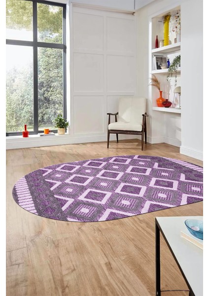 3D Dijital Kaymaz Yıkanabilir Şık Kilim Desen Oval Yolluk Halısı Salon Halısı O-Modern-69-Mor fırsatları