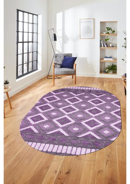 3D Dijital Kaymaz Yıkanabilir Şık Kilim Desen Oval Yolluk Halısı Salon Halısı O-Modern-69-Mor indirimleri