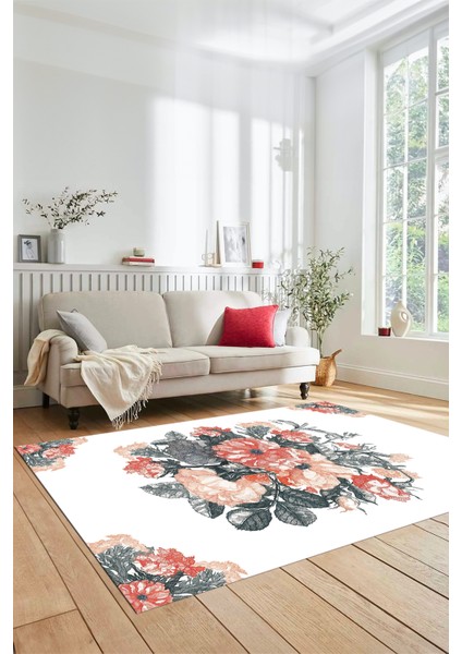 3D Modern Çiçek Desenli Dijital Kaymaz Yıkanabilir Yolluk Mutfak Salon Halısı Modern-35-Beyaz